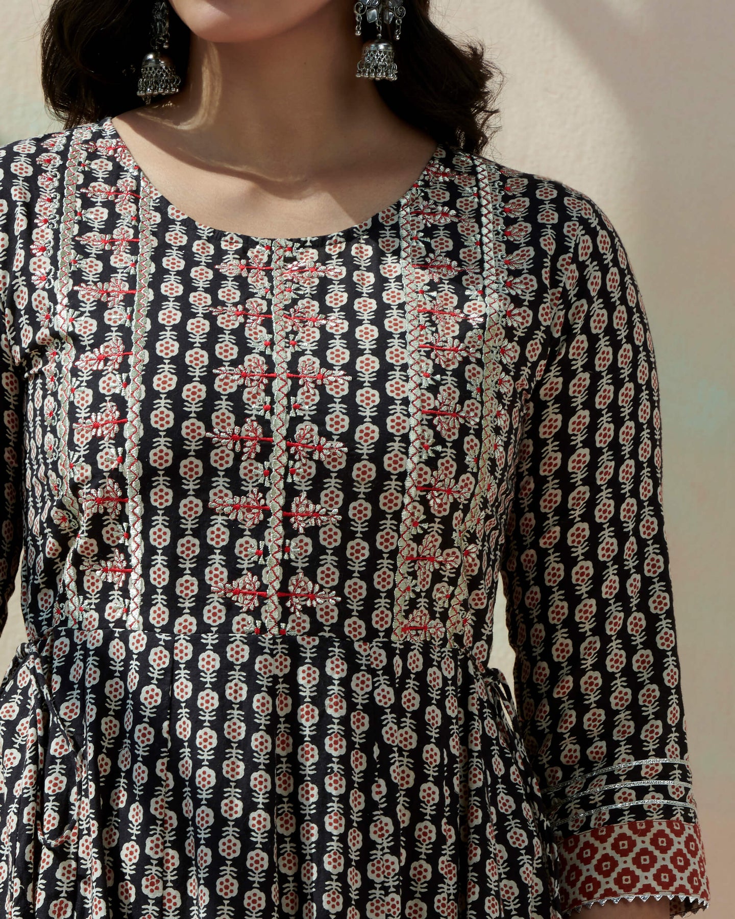 Hand Block Bagru Printed Tiered Dress With Emb At Yoke